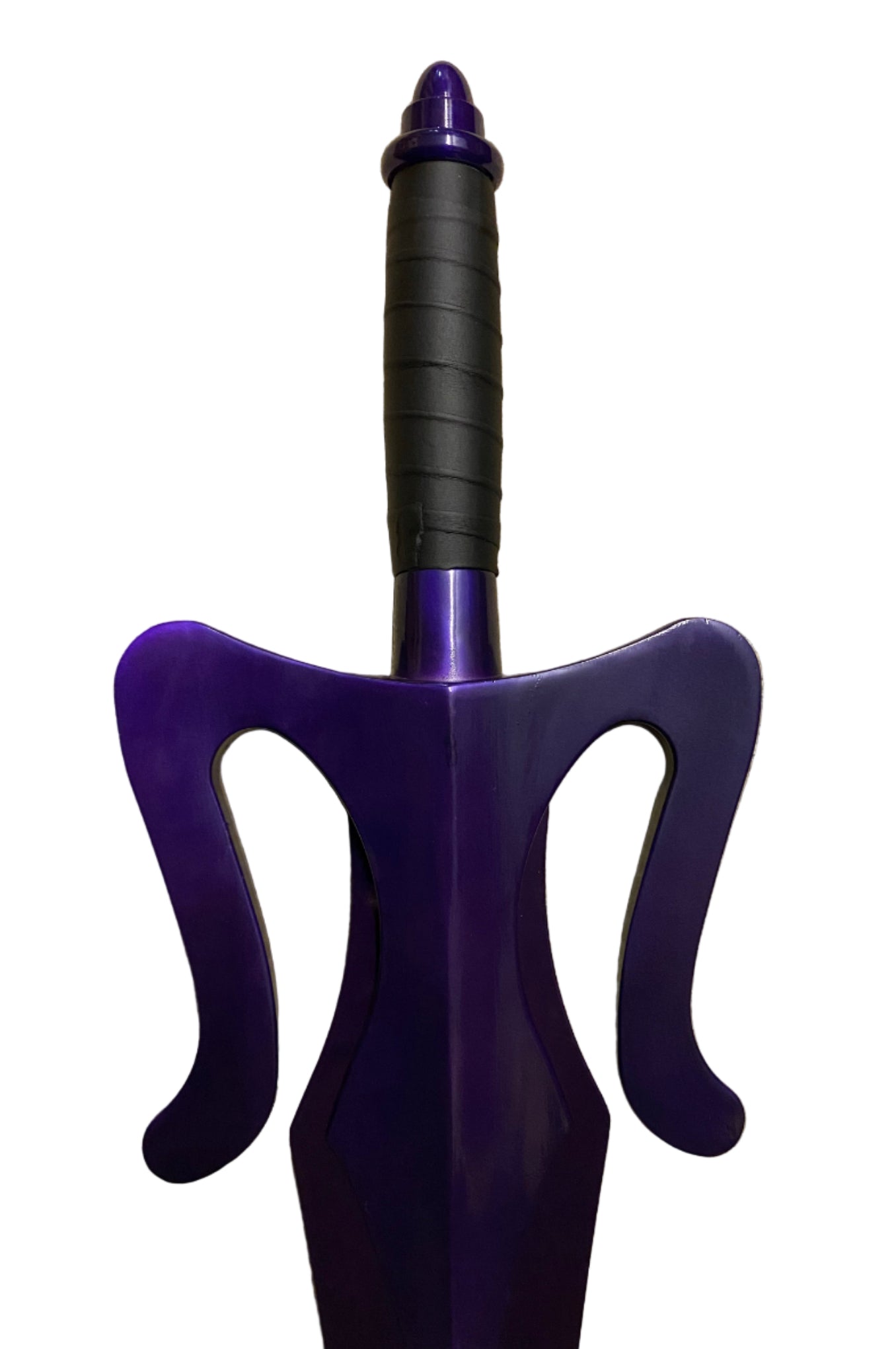 Purple and black weapon-like object on a white background