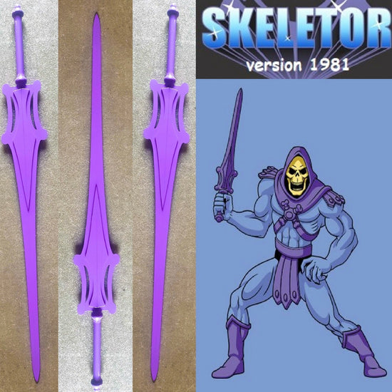 Purple swords with a Skeletor figure from 1981 on a blue background