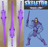 Purple swords with a Skeletor figure from 1981 on a blue background