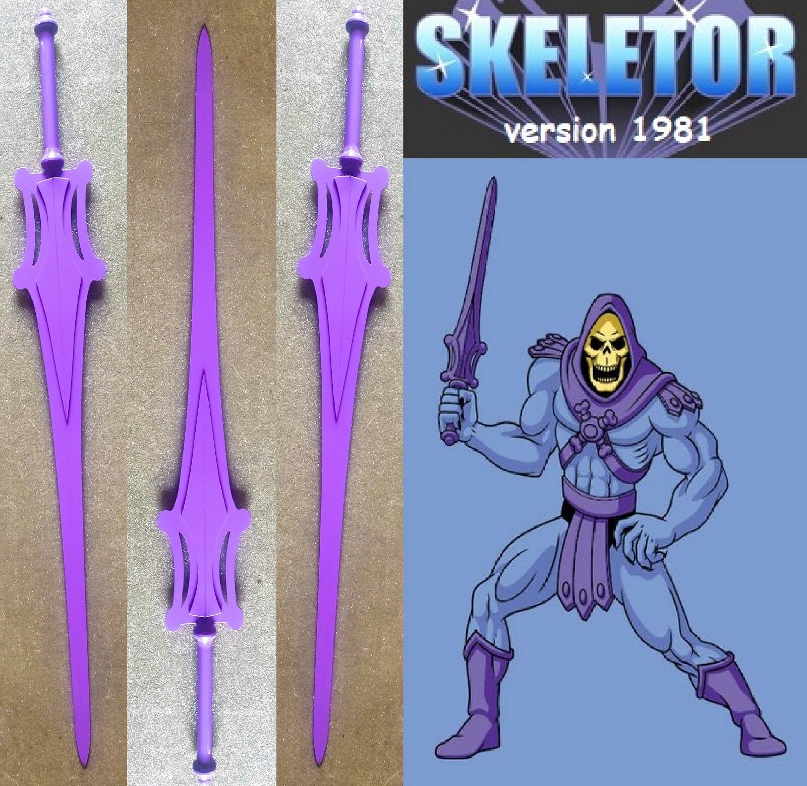 Purple swords with a Skeletor figure from 1981 on a blue background