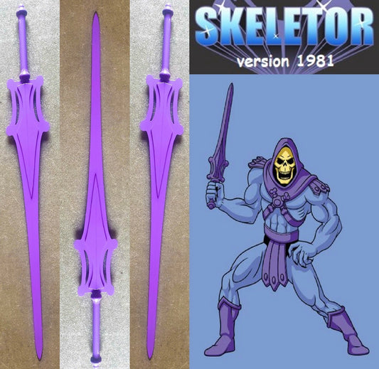 Purple swords with a Skeletor figure from 1981 on a blue background