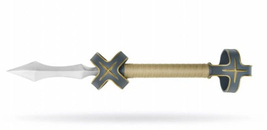 Decorative sword with a blue and gold handle on a white background