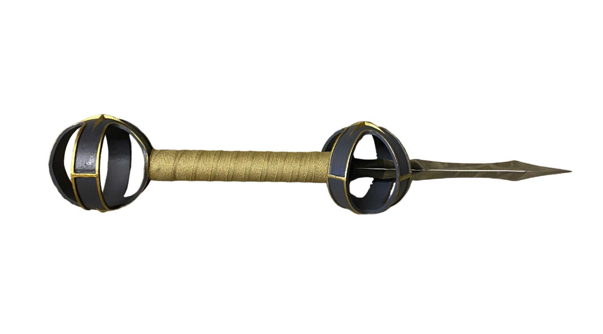 Decorative spear with black and gold design on a white background