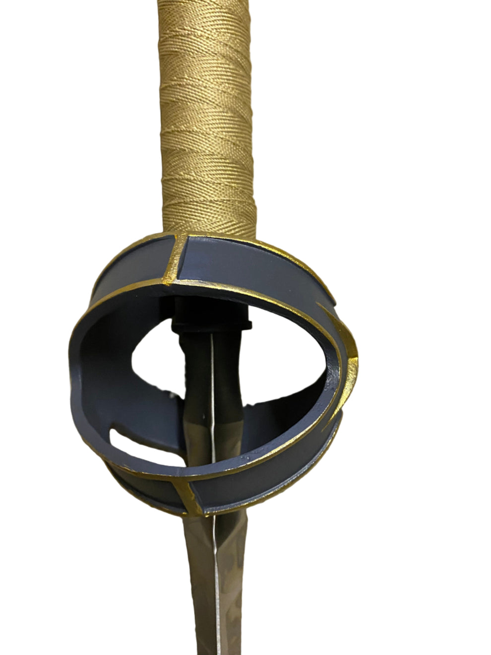 Sword hilt with gold wrapping on a white background