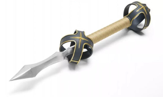 Weapon with a black and gold handle on a white background