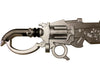 Close-up of a detailed silver weapon on a white background
