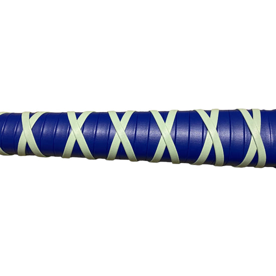 Sword handle with blue and white crossguard on a white background
