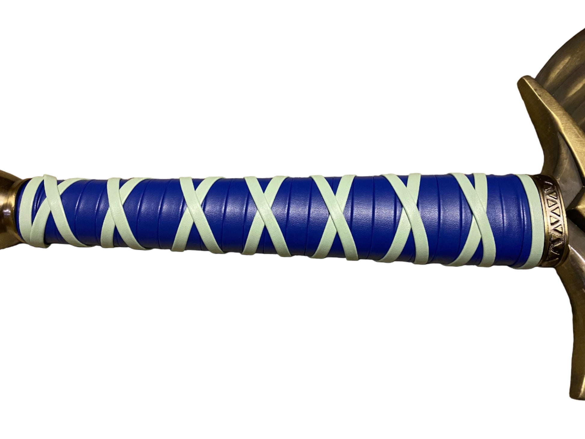Sword handle with blue and white crossguard on a white background