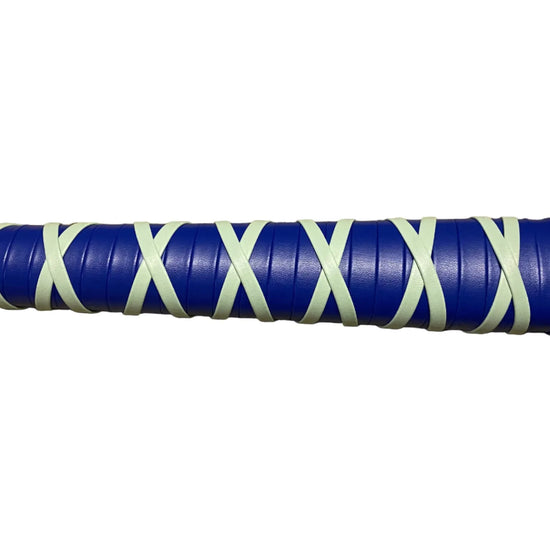 Sword handle with blue and white crossguard on a white background