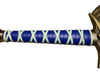 Sword handle with blue and white crossguard on a white background