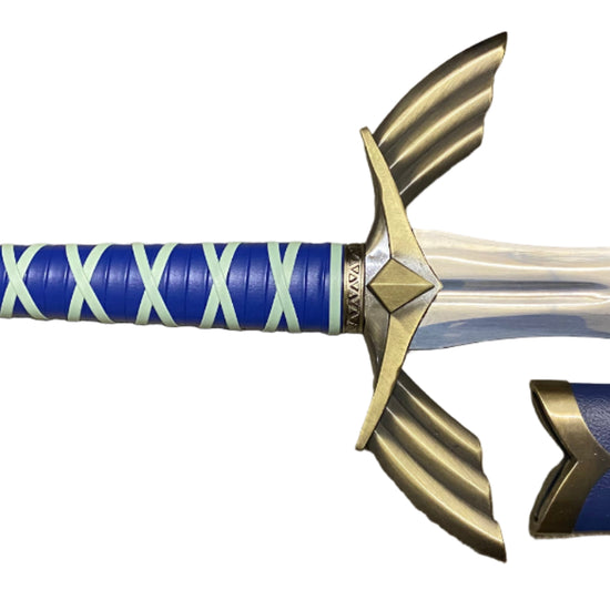 Decorative sword with blue and gold handle on a white background