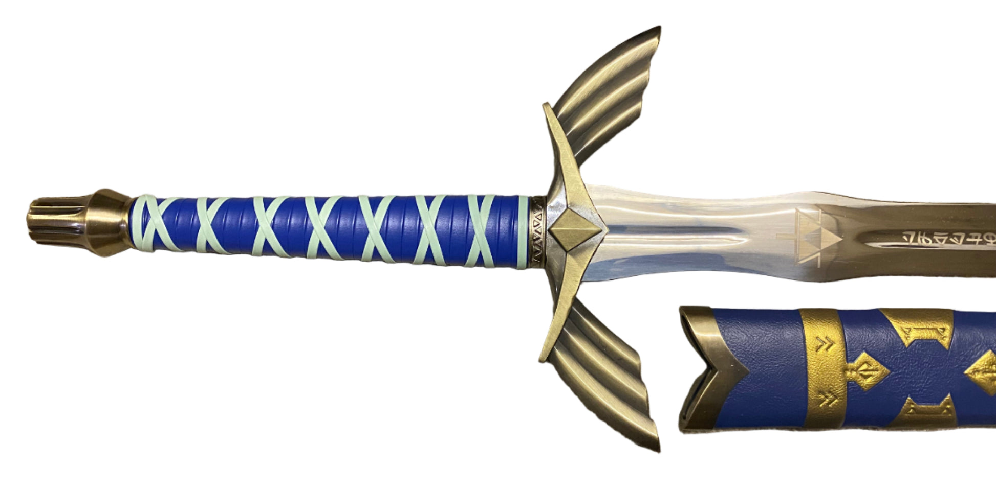 Decorative sword with blue and gold handle on a white background