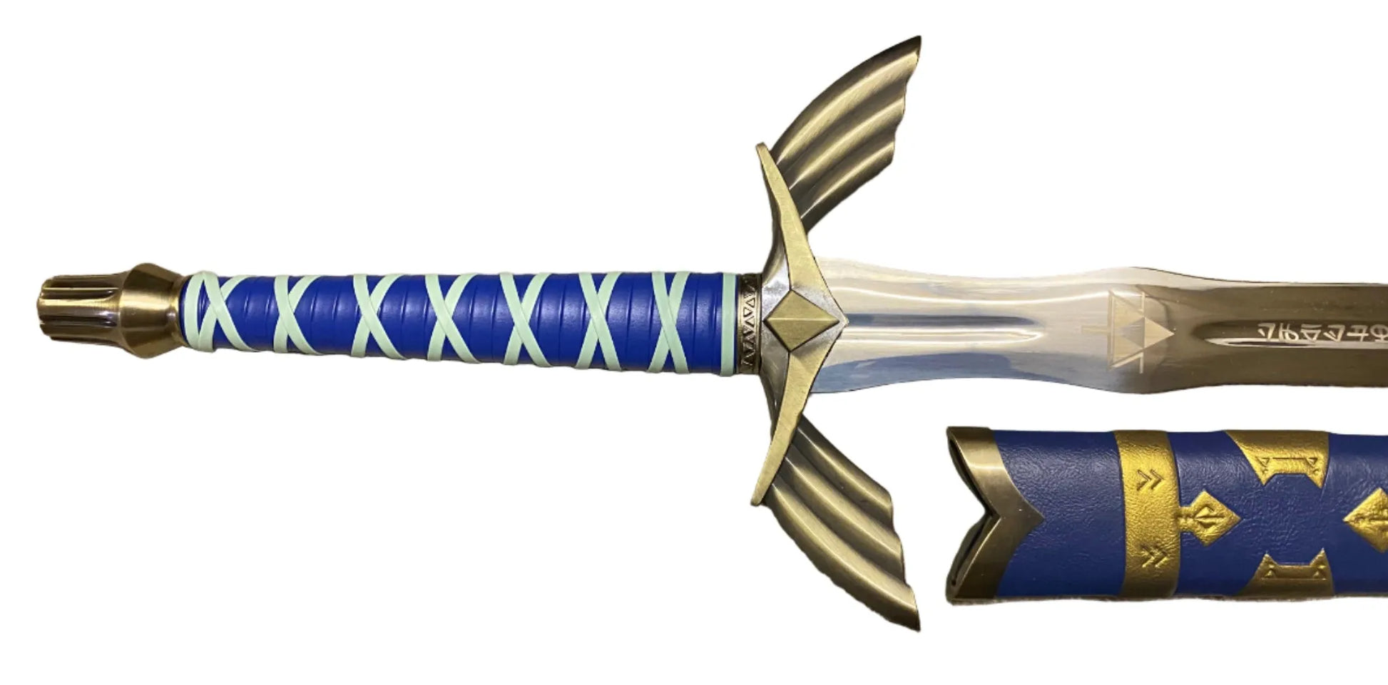 Decorative sword with blue and gold handle on a white background