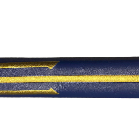 Blue and gold arrow-shaped object with a prominent design on a white background
