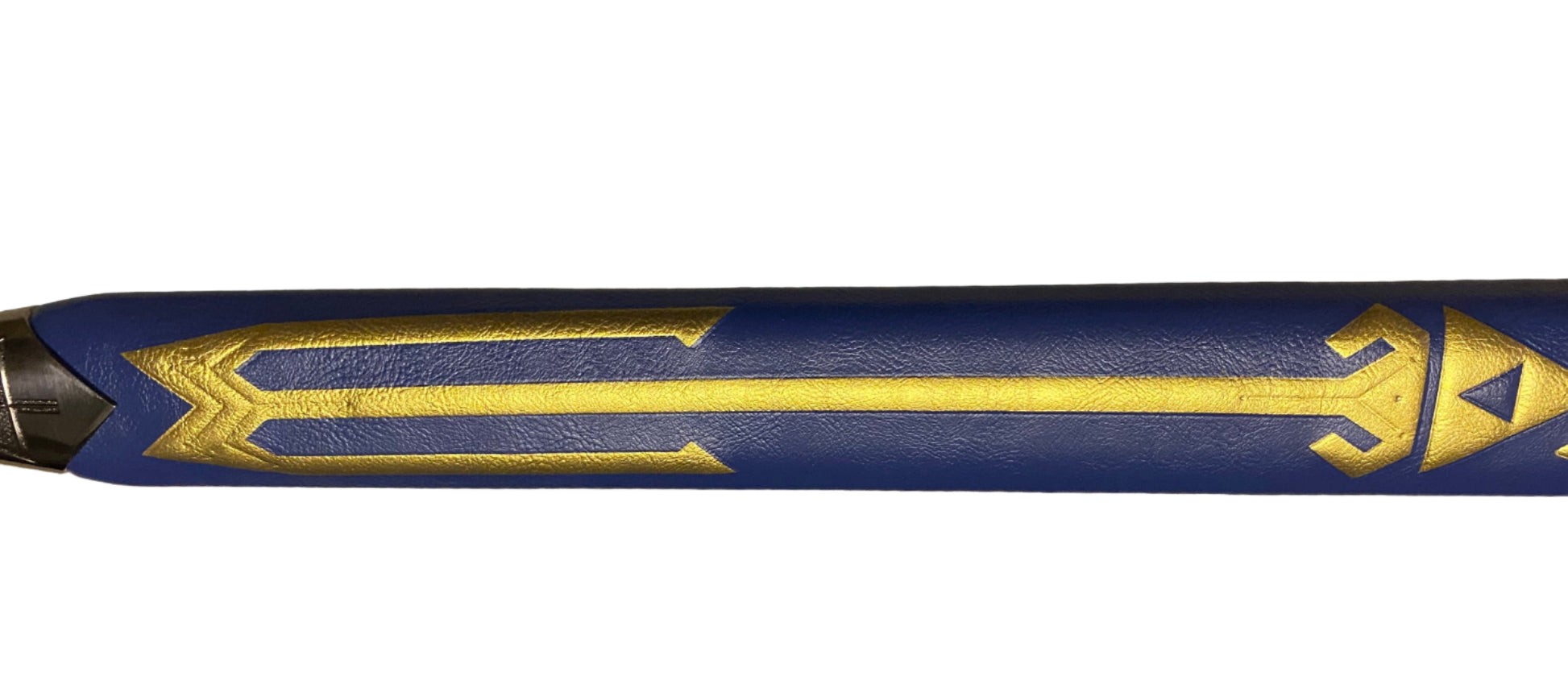 Blue and gold arrow-shaped object with a prominent design on a white background