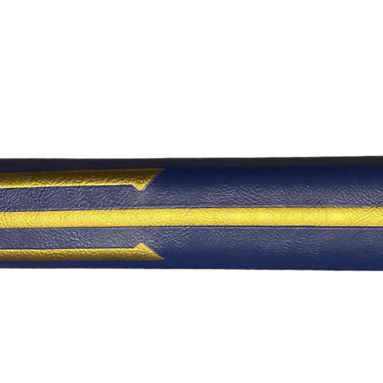 Blue and gold arrow-shaped object with a prominent design on a white background