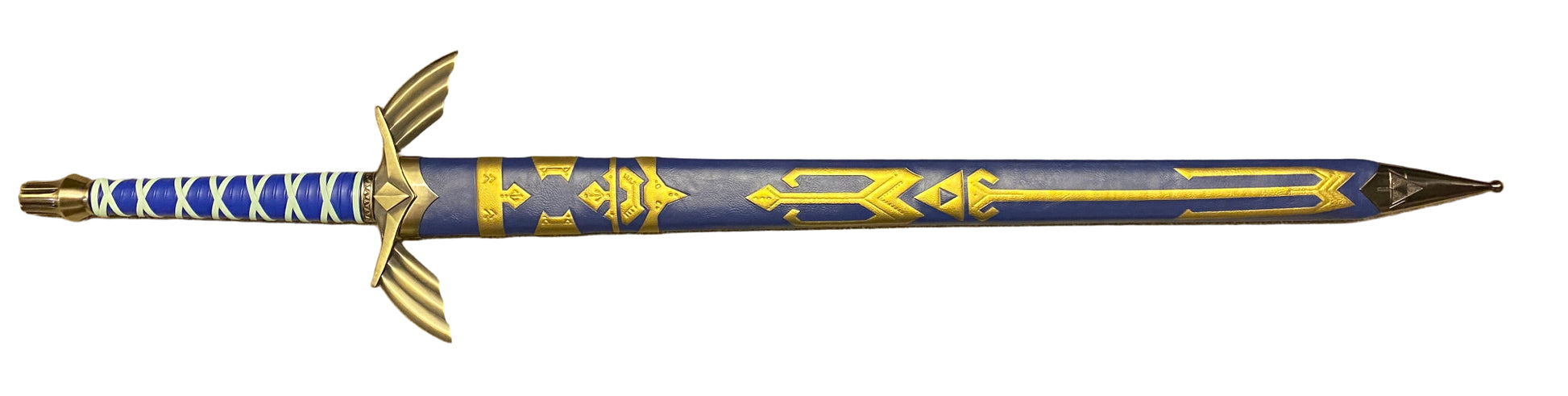 Decorative arrow with blue and gold design on a white background