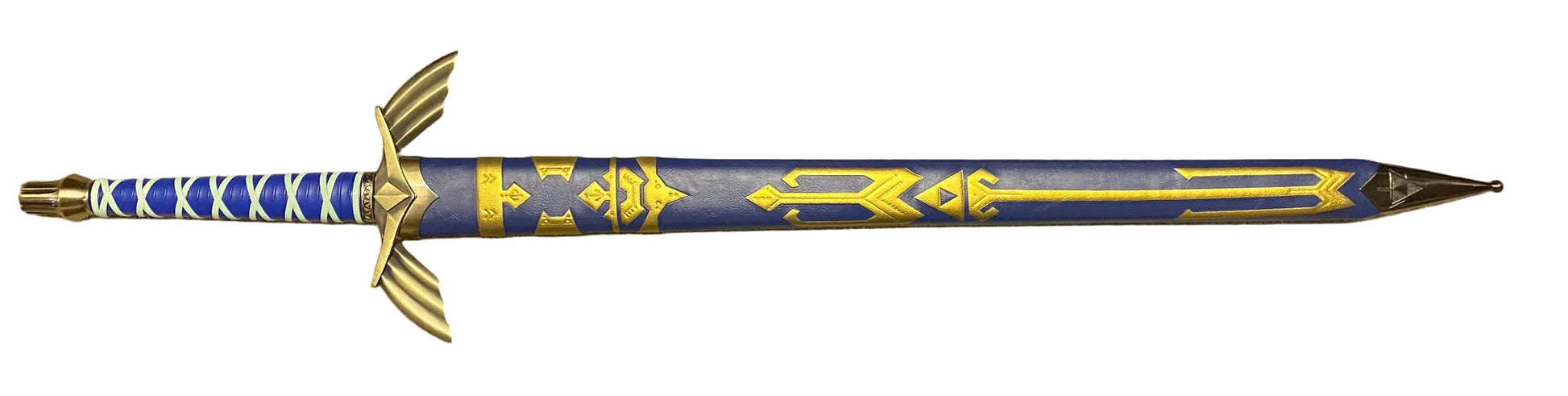 Decorative arrow with blue and gold design on a white background