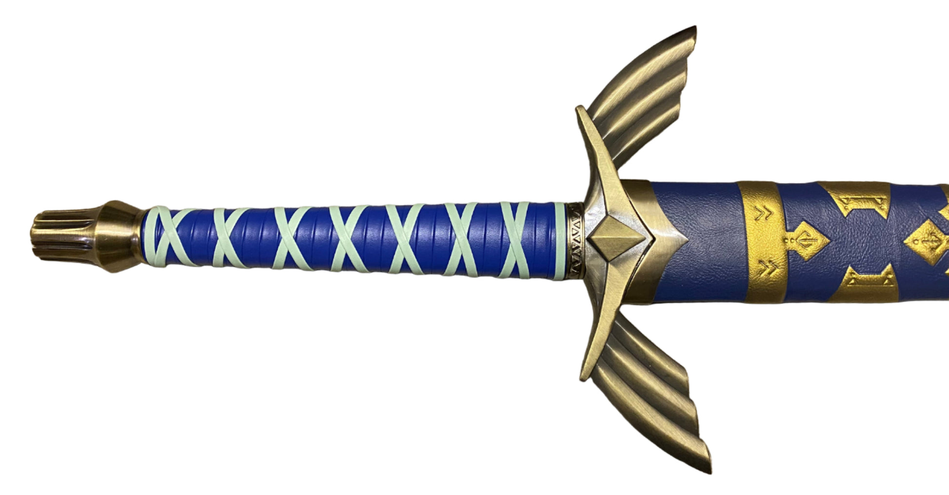 Decorative sword with blue and gold handle on a white background