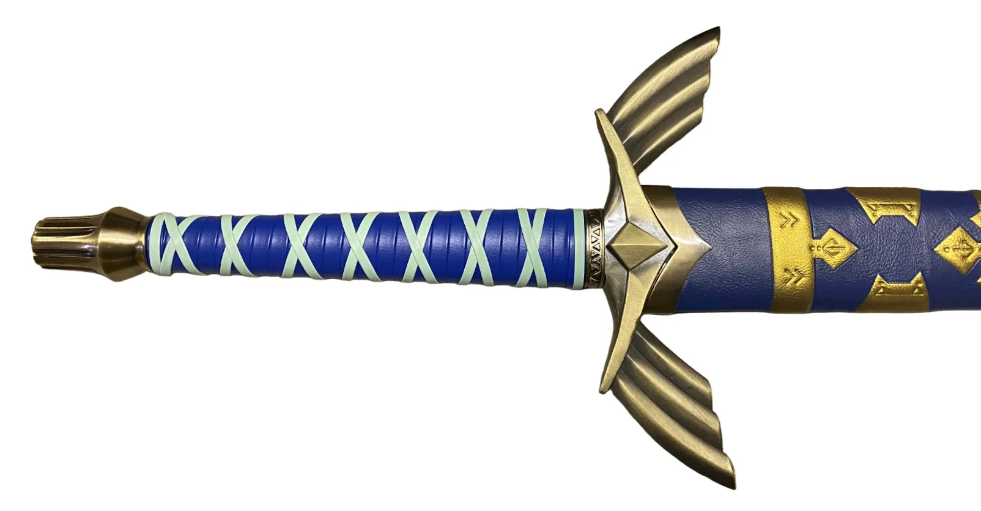 Decorative sword with blue and gold handle on a white background