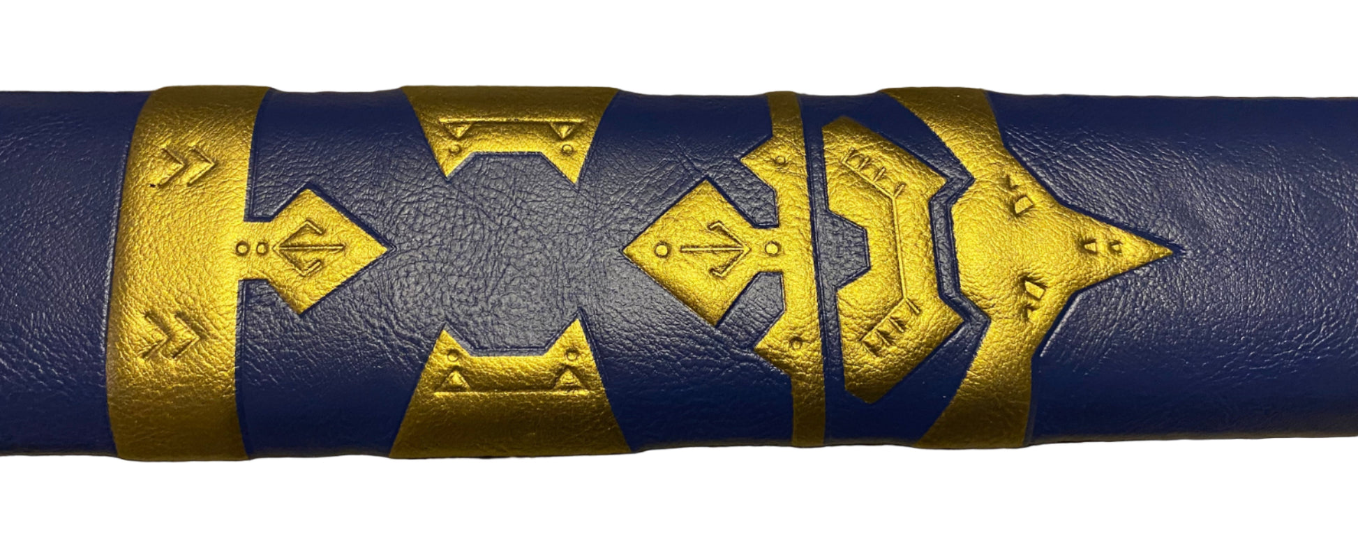 Close-up of a blue and gold handle with intricate designs