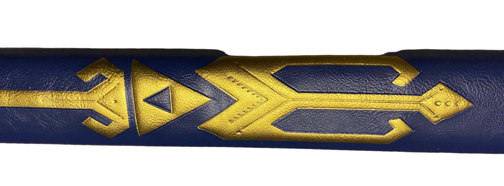 Close-up of a blue and gold bat with a logo on a white background