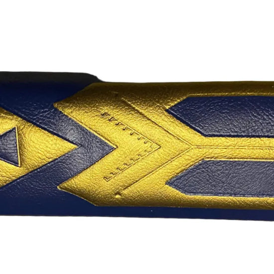 Close-up of a blue and gold bat with a logo on a white background
