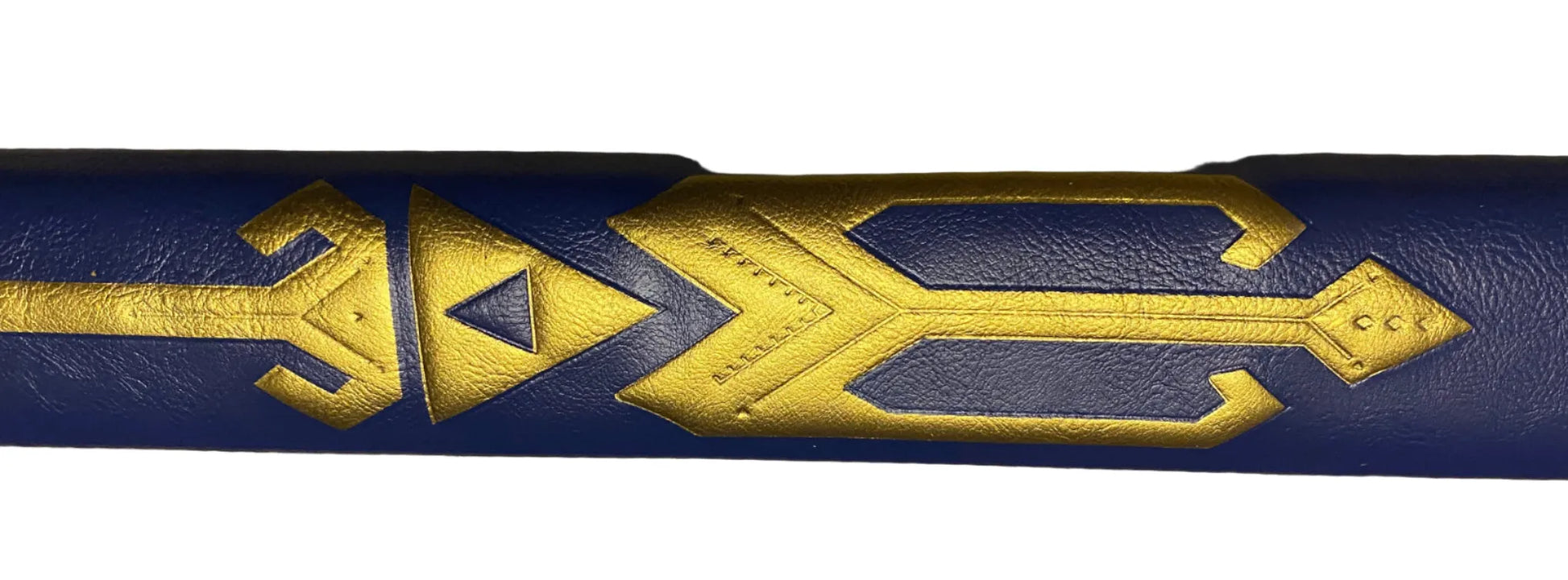Close-up of a blue and gold bat with a logo on a white background