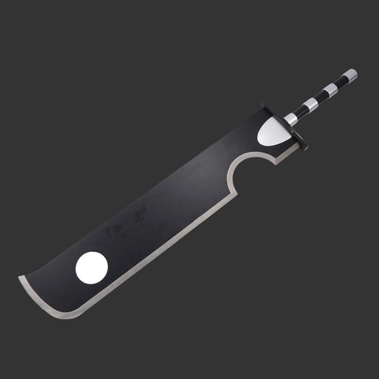 Black cleaver with a white handle on a white background