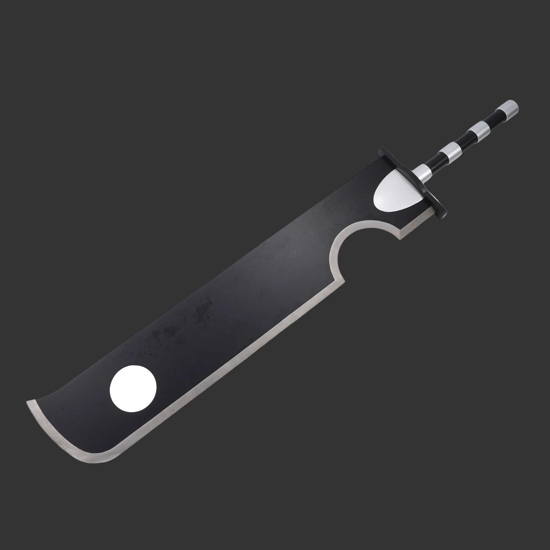 Black cleaver with a white handle on a white background