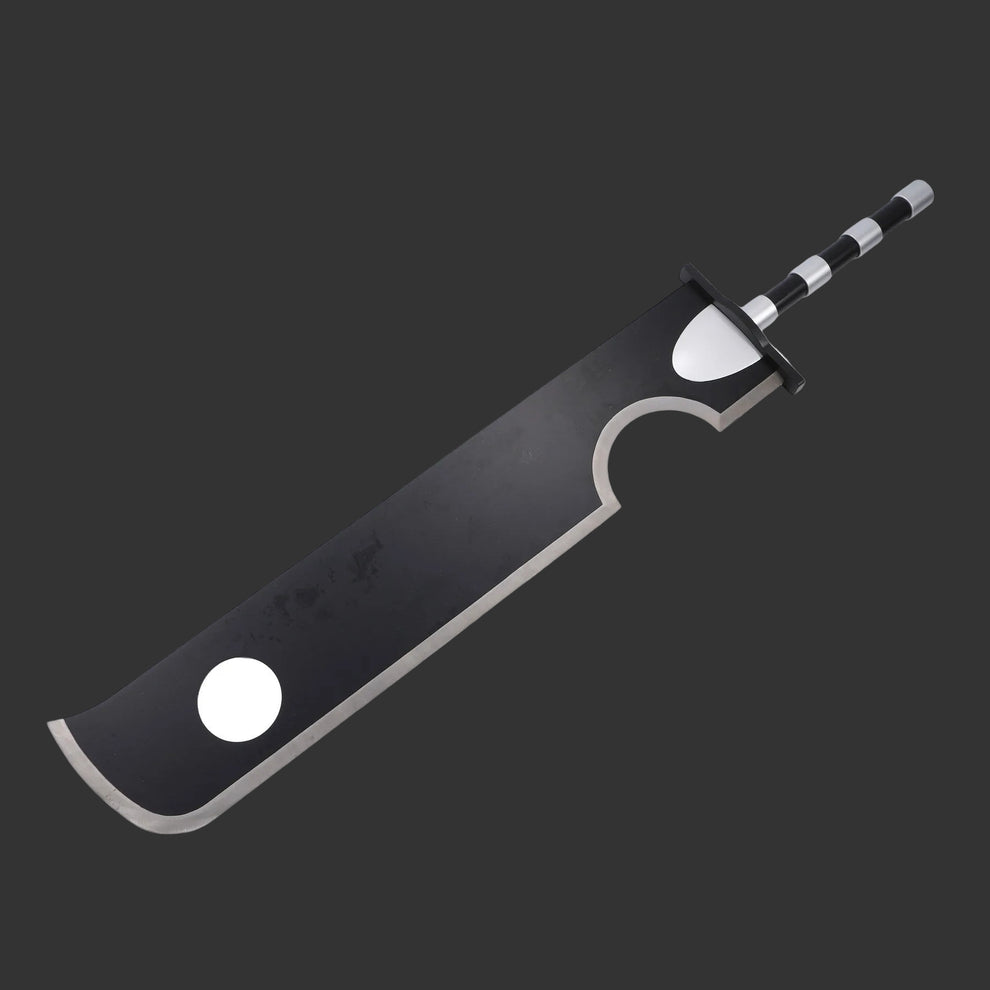 Black cleaver with a white handle on a white background