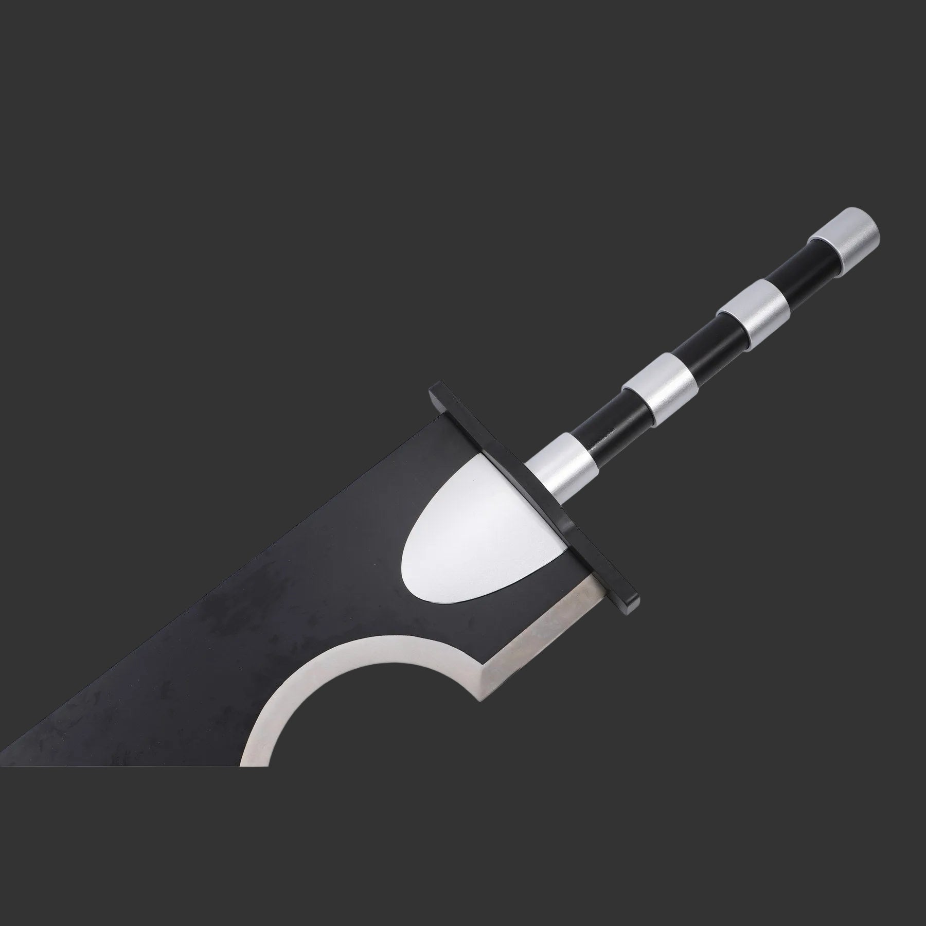 Sword with a black and silver handle on a white background