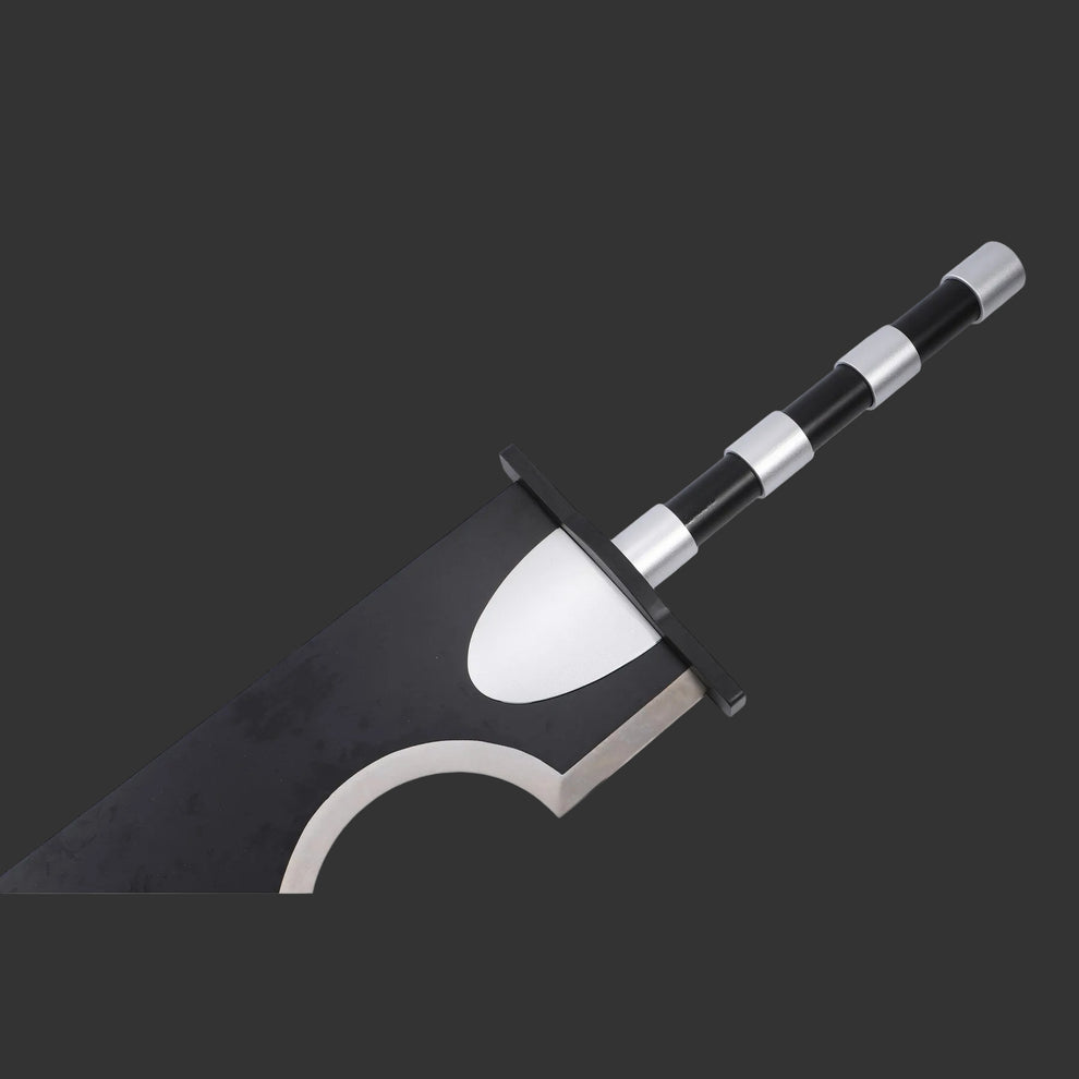 Sword with a black and silver handle on a white background