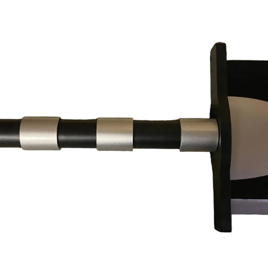 Sword with a black and silver hilt on a white background