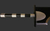 Sword with a black and silver hilt on a white background