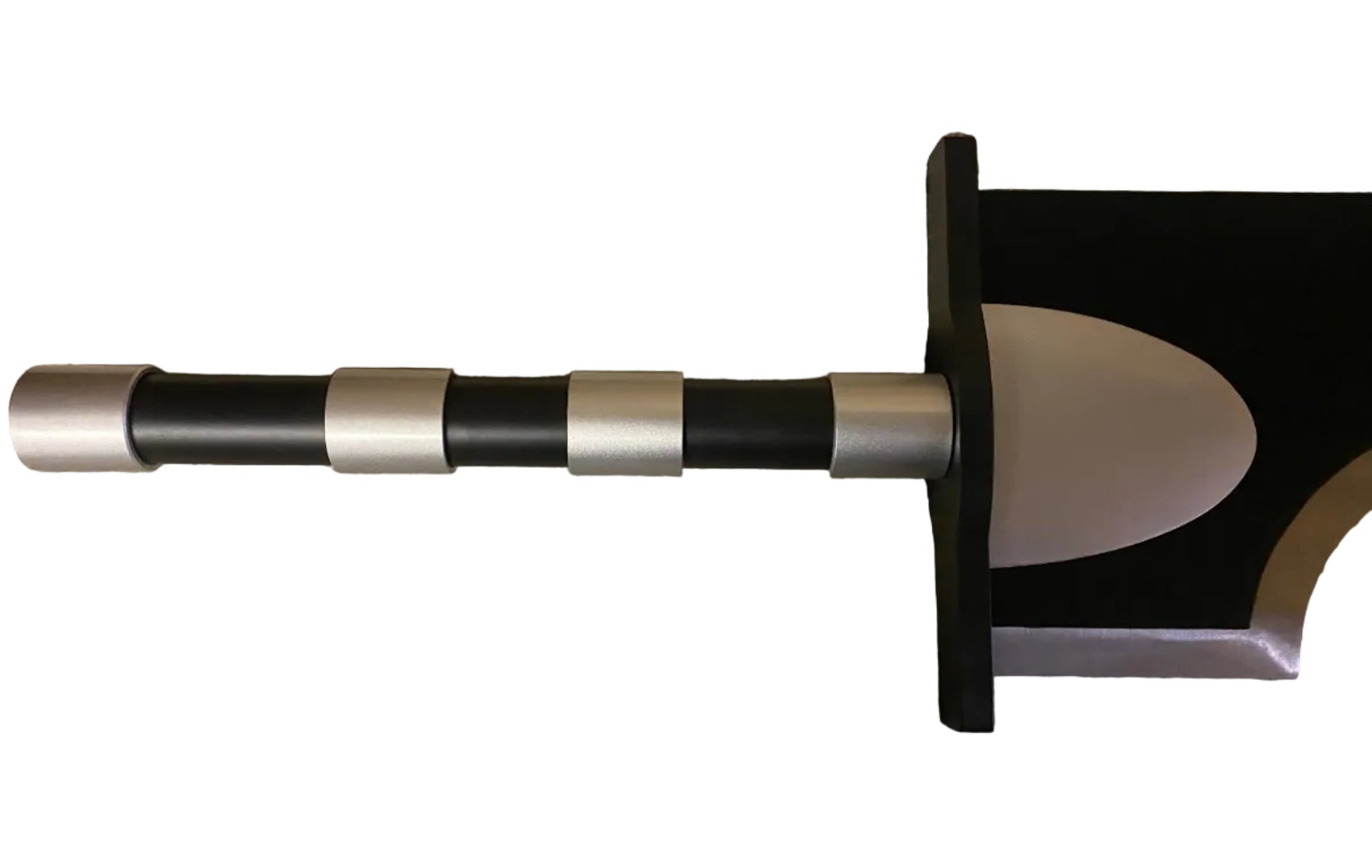 Sword with a black and silver hilt on a white background