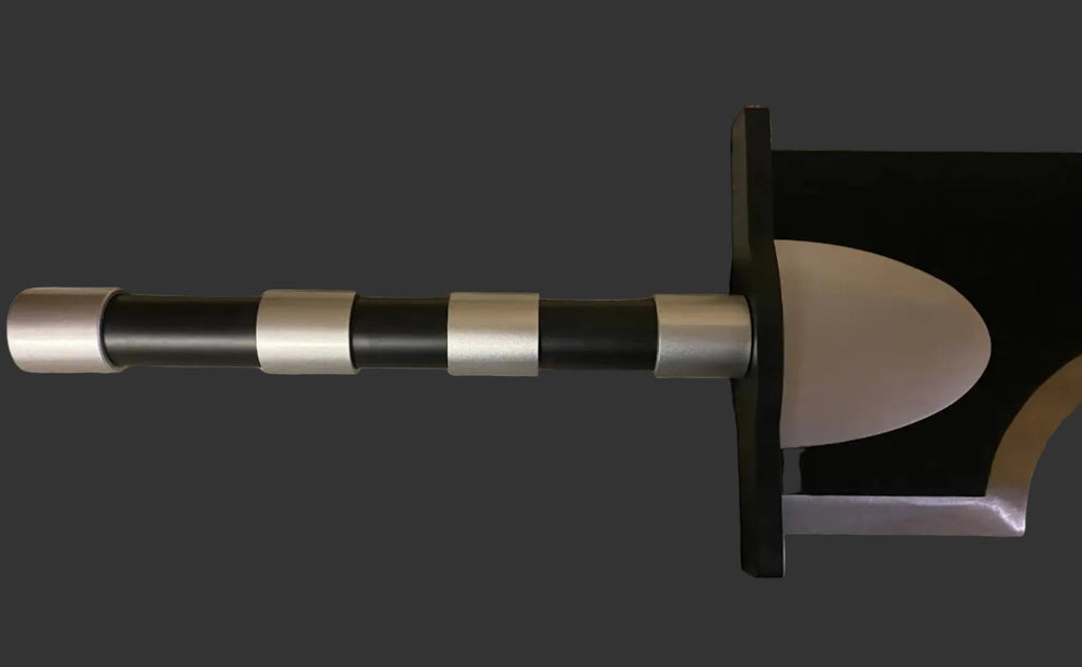 Sword with a black and silver hilt on a white background
