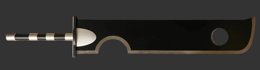 Black sword blade with silver hilt on a white background