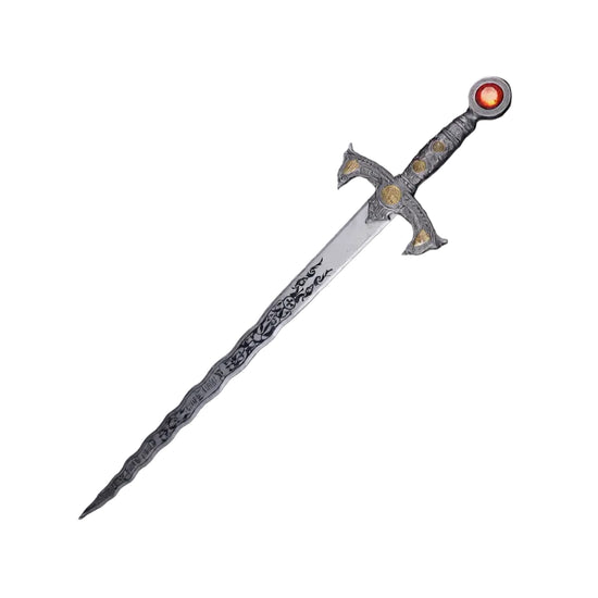 Decorative sword with intricate designs on a dark background
