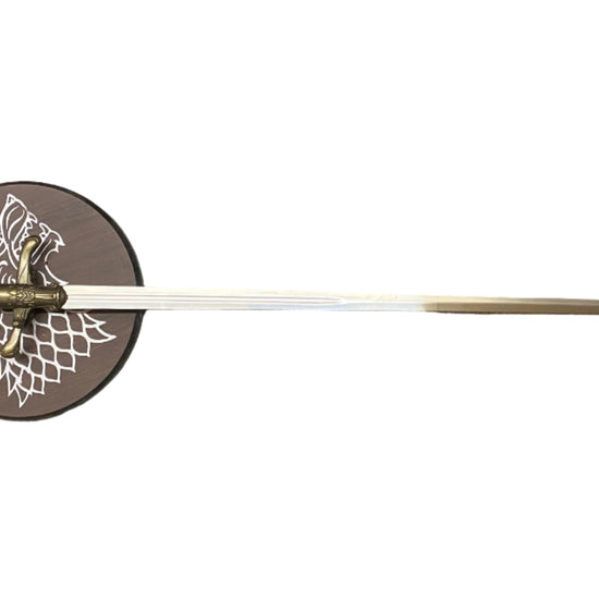Fencing sword with a round guard featuring a design on a white background