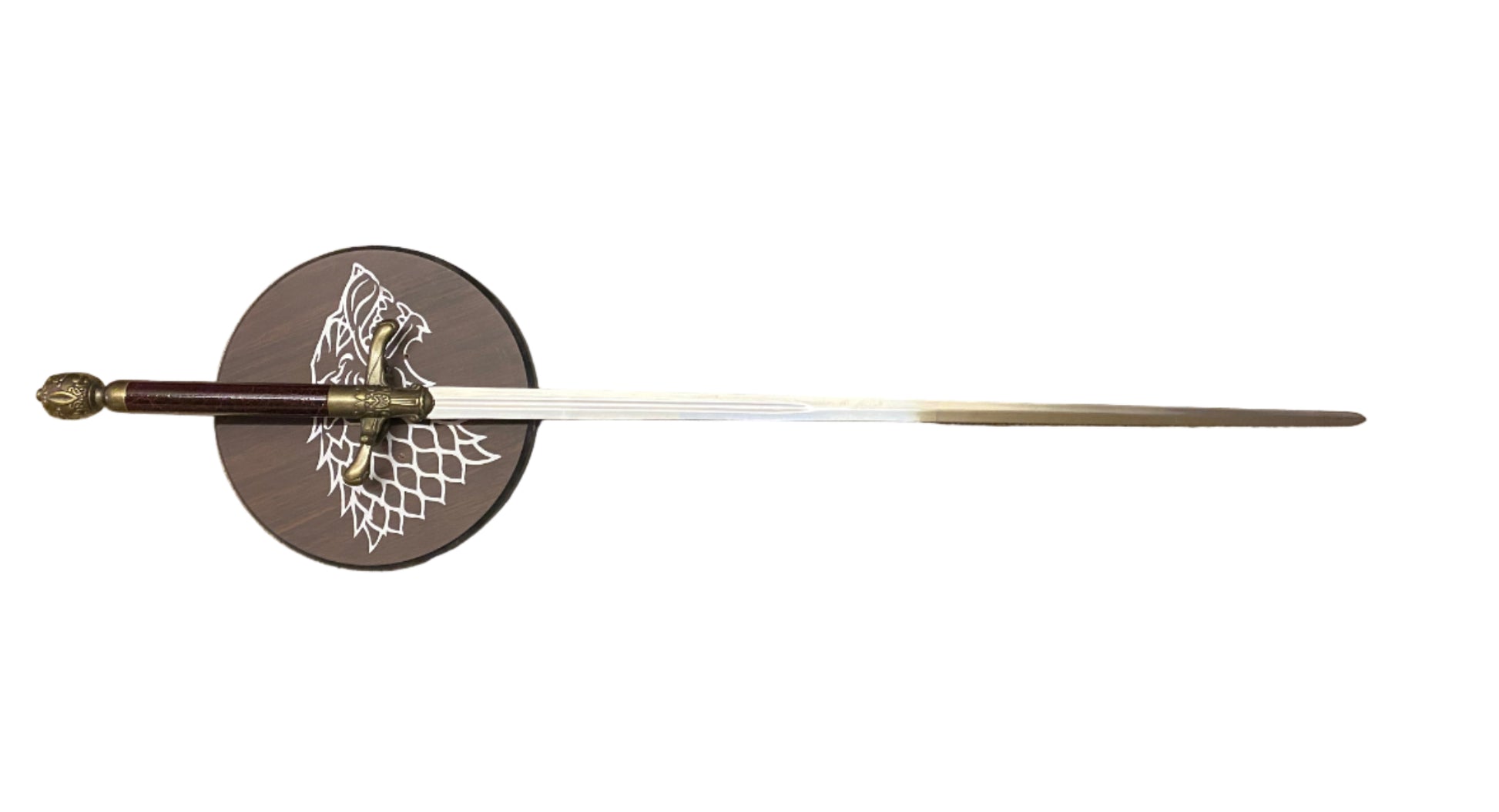 Fencing sword with a round guard featuring a design on a white background