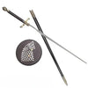 Sword with a circular emblem featuring a wolf design on a white background