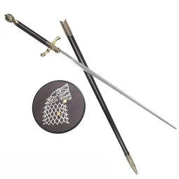 Sword with a circular emblem featuring a wolf design on a white background