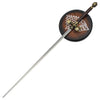 Decorative sword with a wooden sheath featuring a emblem on a white background