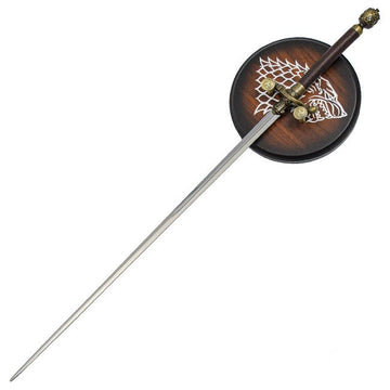 Decorative sword with a wooden sheath featuring a emblem on a white background