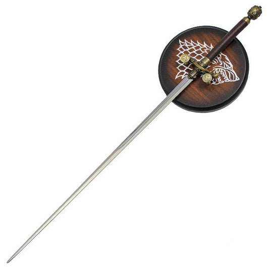 Decorative sword with a wooden sheath featuring a emblem on a white background