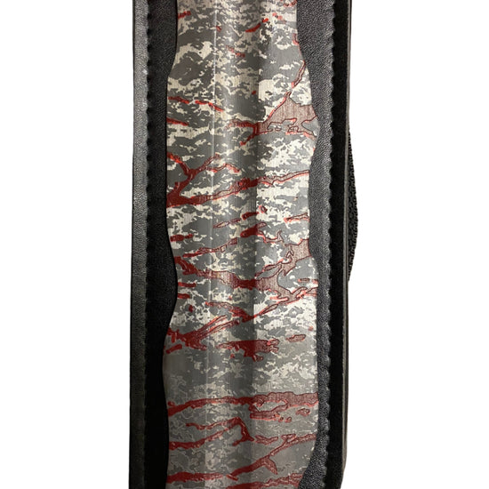Camouflage-patterned strap with red and gray design on a white background