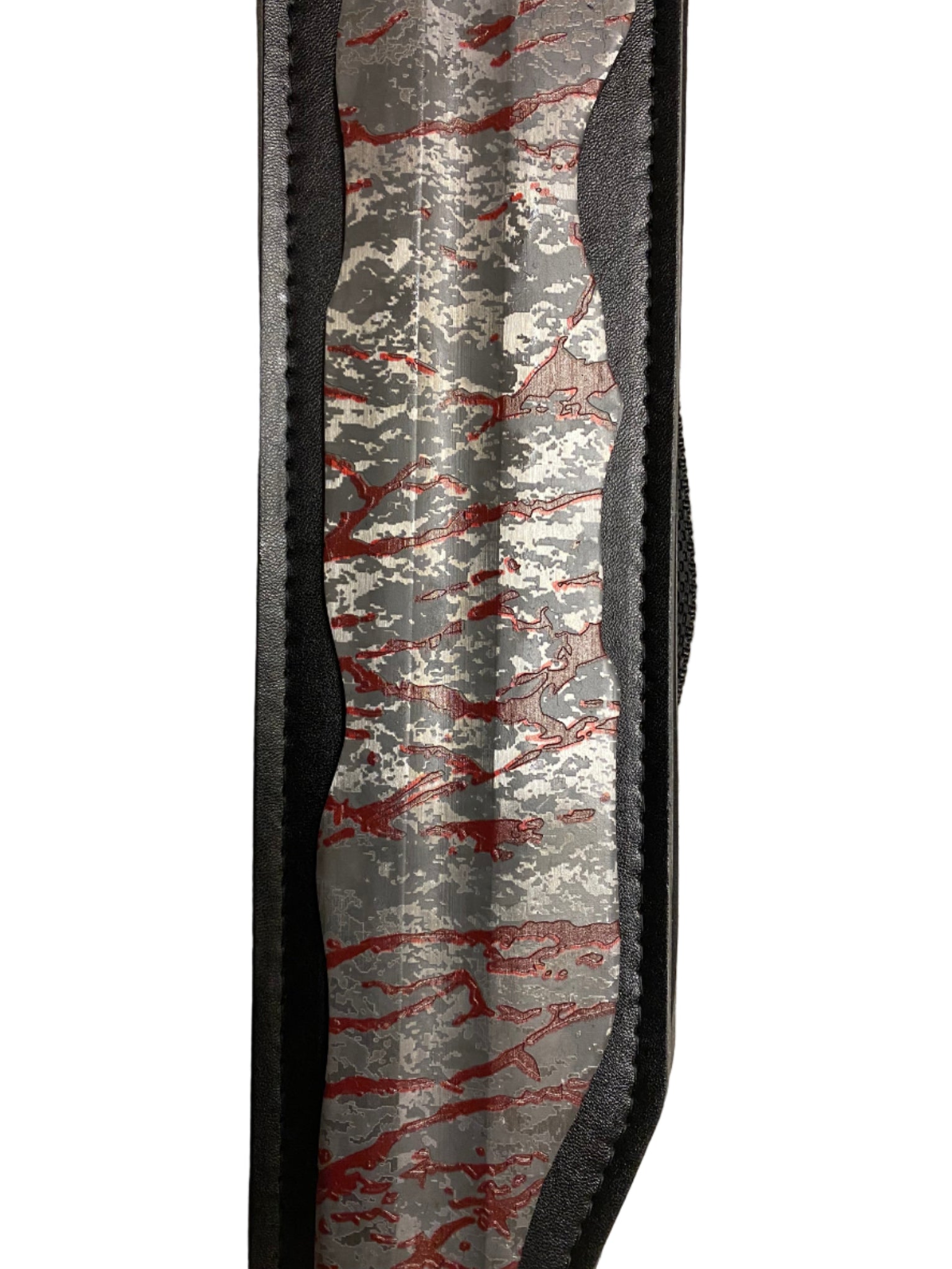 Camouflage-patterned strap with red and gray design on a white background