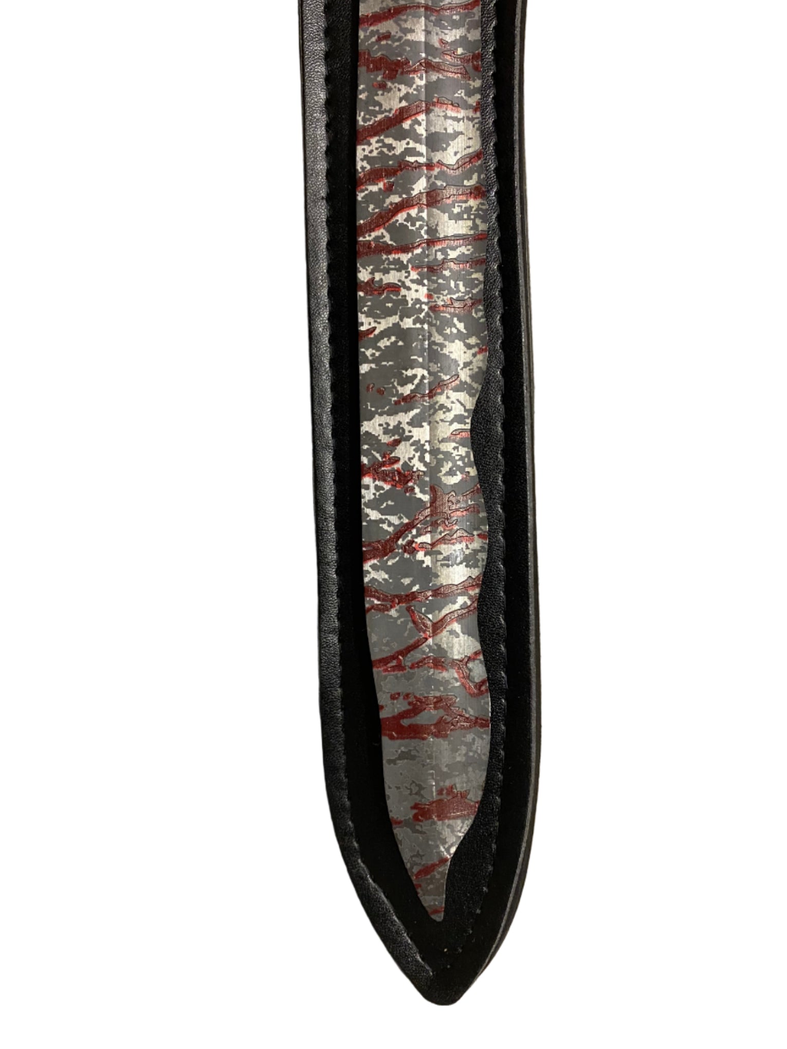 Close-up of a sword with a unique pattern on a white background