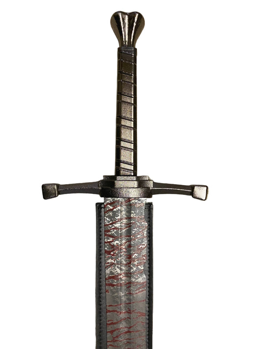 Decorative sword with a detailed hilt on a white background